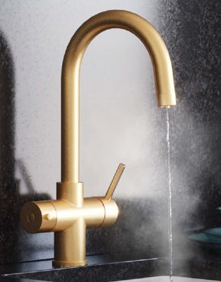 EVO AVISTA/310 SERIES 3 IN 1 BRUSHED GOLD BOILING WATER MONO DUAL LEVER SWAN NECK SHAPED KITCHEN SINK MIXER TAP, SWIVEL SPOUT with PUSH BUTTON TANK, BWT315BG